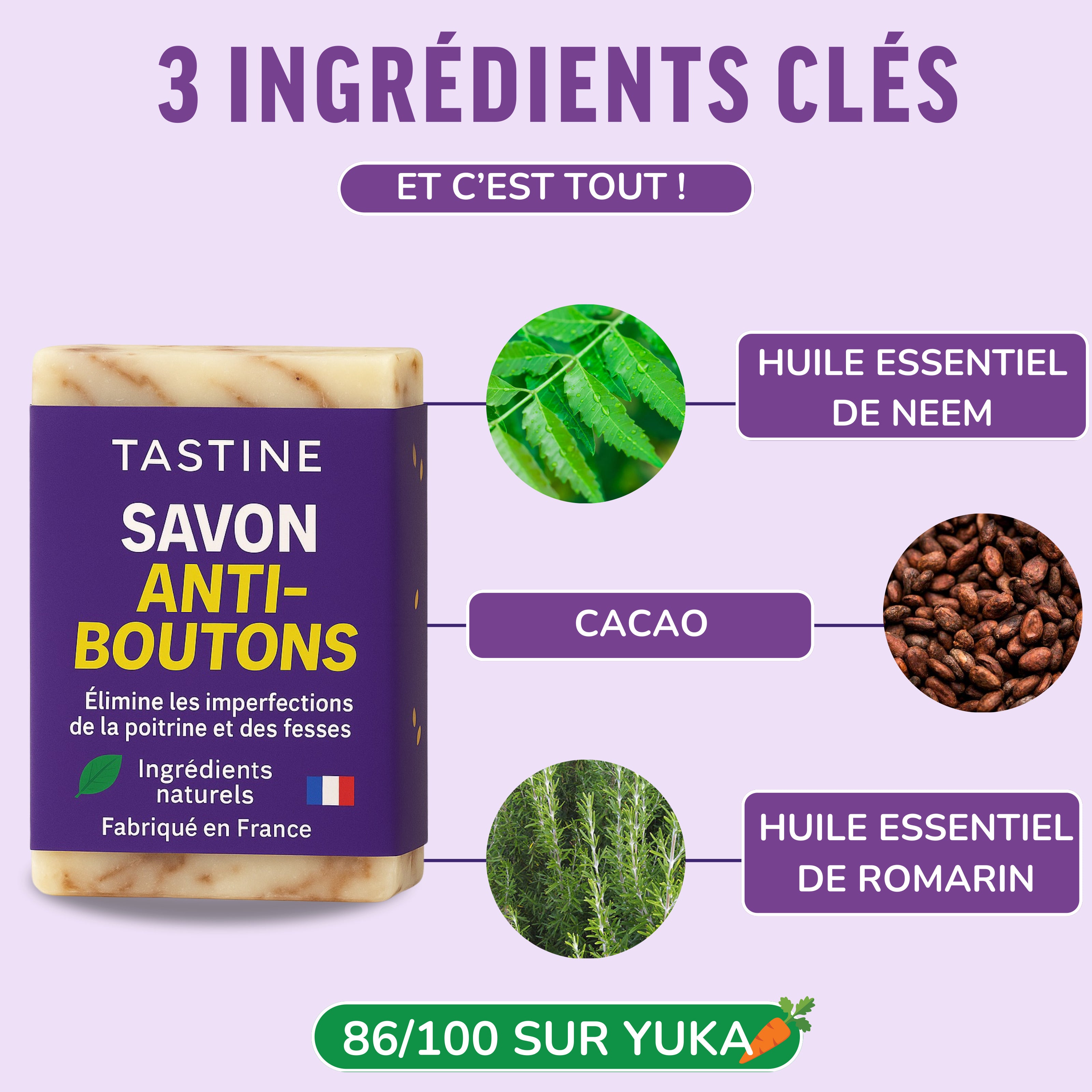 Savon anti-acné avec ingrédients clés: huile de neem, cacao, et huile de romarin pour une peau nettoyée et purifiée.