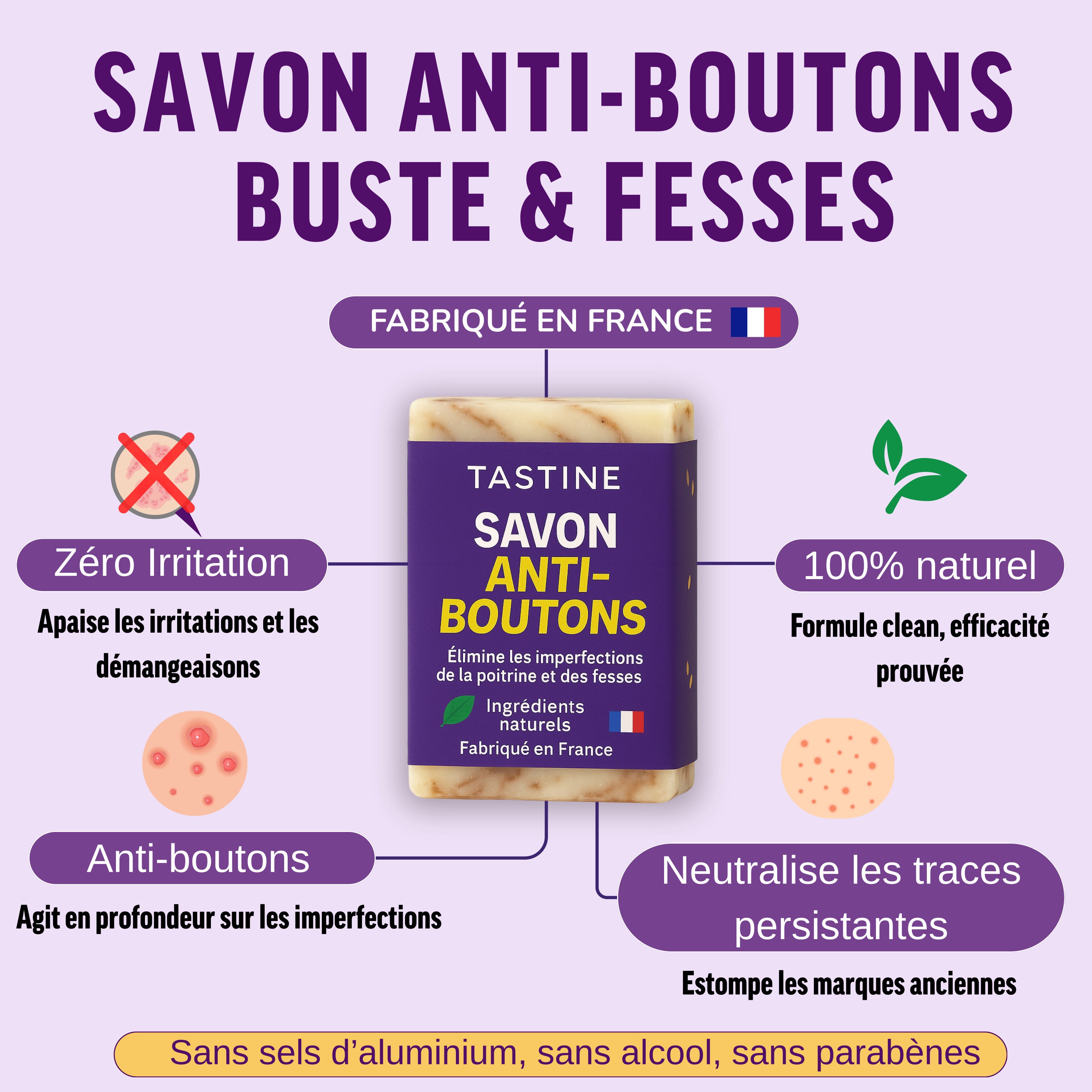 Infographie sur le savon anti-boutons pour le buste et les fesses, avec des ingrédients naturels et sans parabènes.