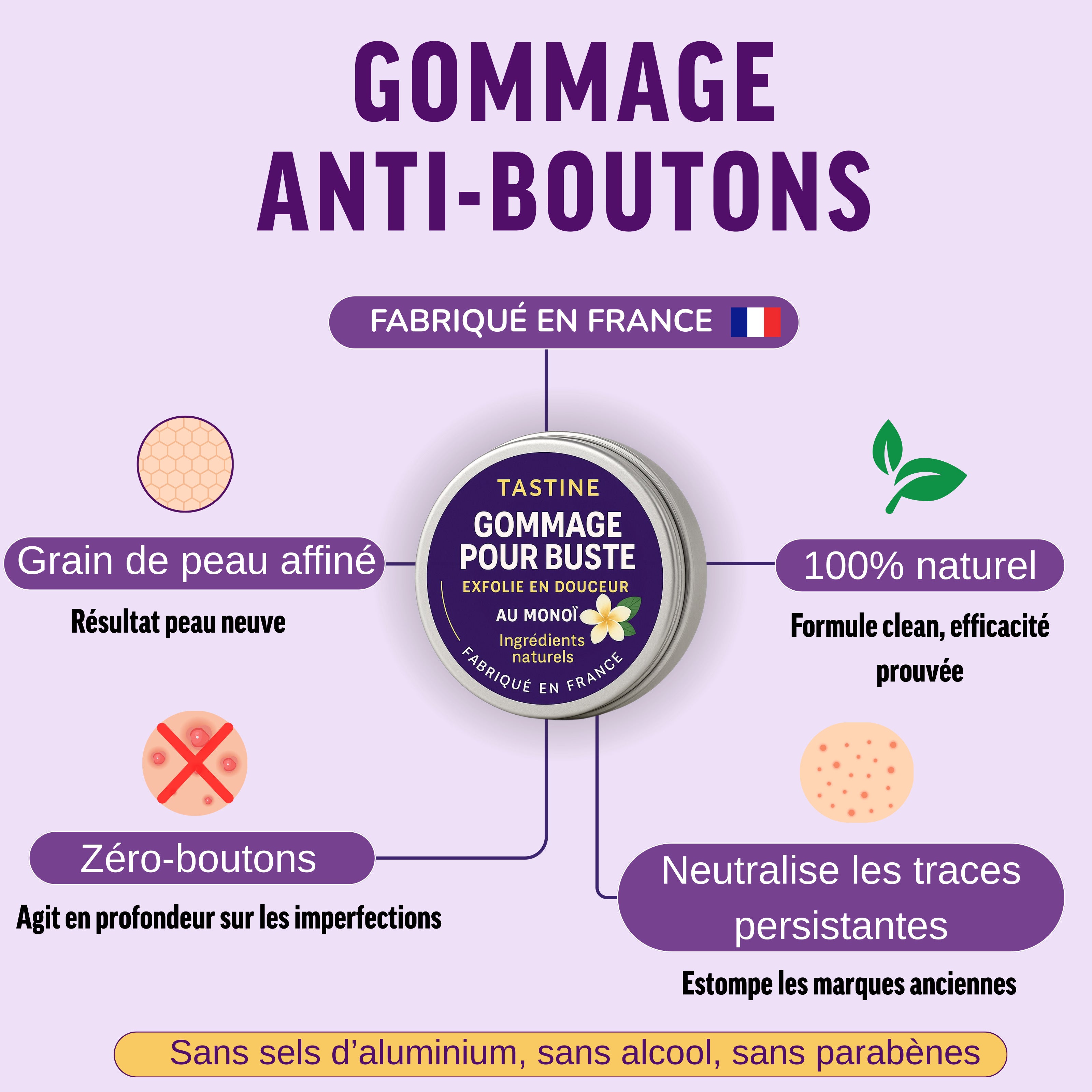 Gommage pour buste, exfoliant naturel fabriqué en France, efficace contre les imperfections et traces persistantes.